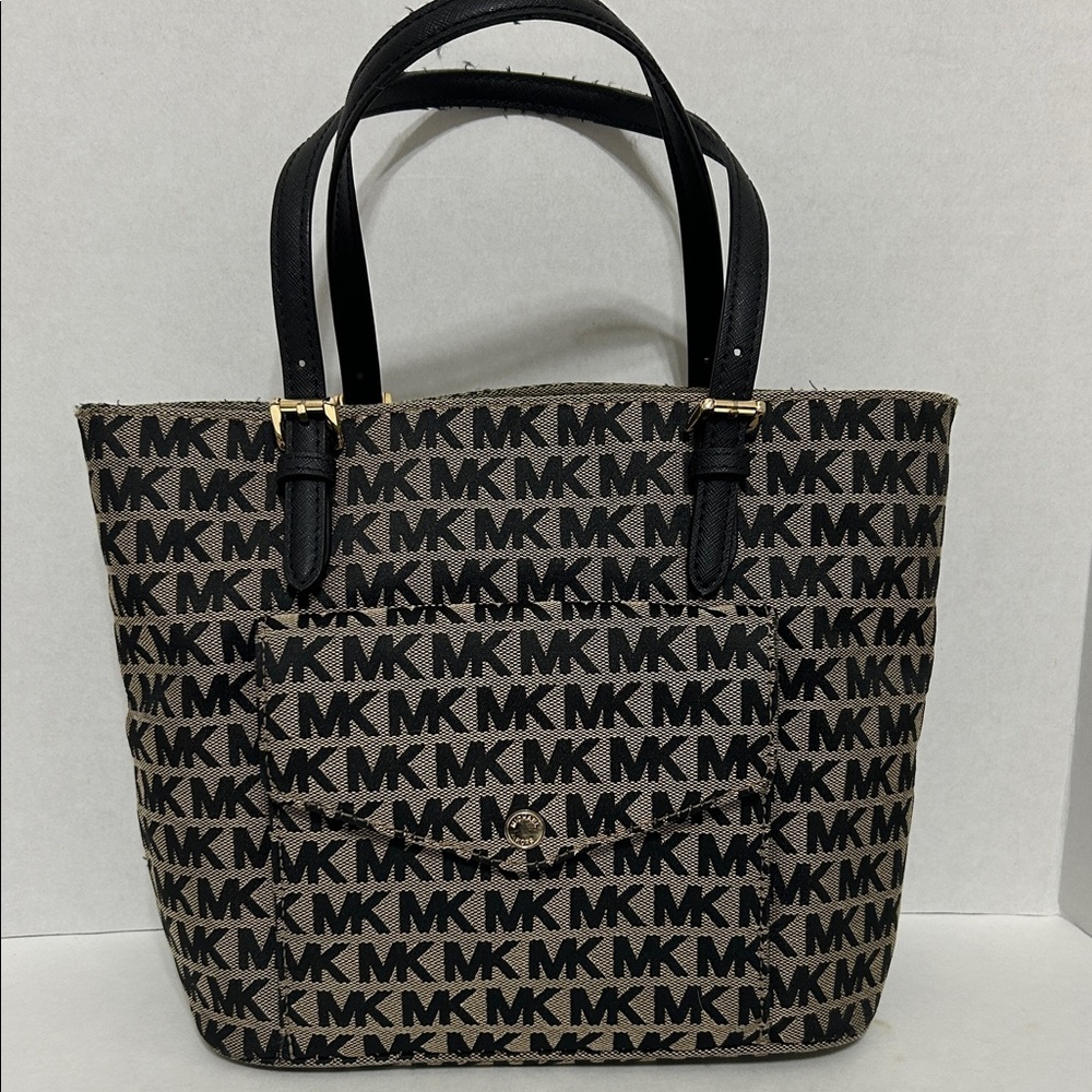 Michael Kors Black and Brown MK Logo Tote with Front Pocket - Picture 2 of 12